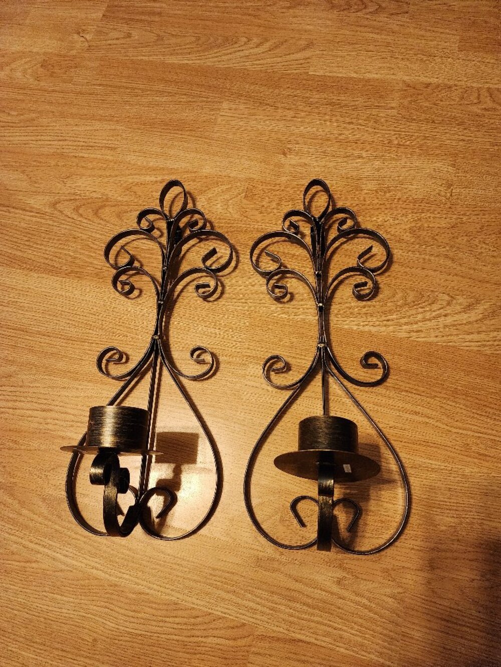 Vintage Set Of 2 Rustic Scroll Metal Black Ornate 1 Arm Candle Sconces